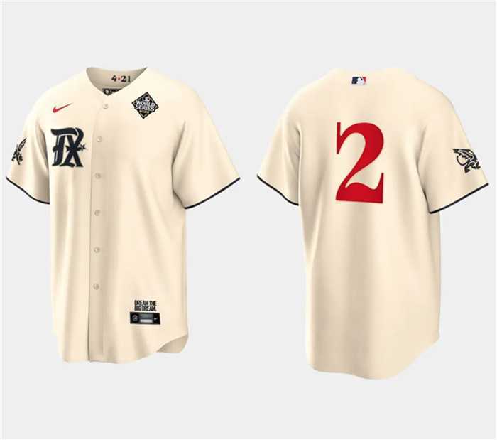Mens Texas Rangers #2 Marcus Semien Cream 2023 World Series City Connect Stitched Baseball Jersey Dzhi
